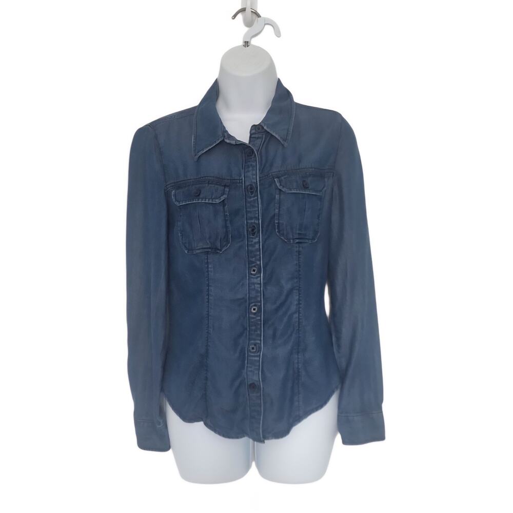 Guess Denim Long Sleeve Button Down Shirt Size XS Dark Wash Dual Chest Pockets. - Picture 2 of 9